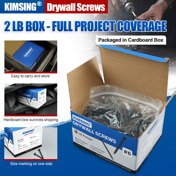 KIMSING Drywall Screws 2lb/Box, #6 Fine Thread Philips Drive #2 Bugle Head Wood Screws with Black Phosphate Finish M3.5 Sharp Point Screws