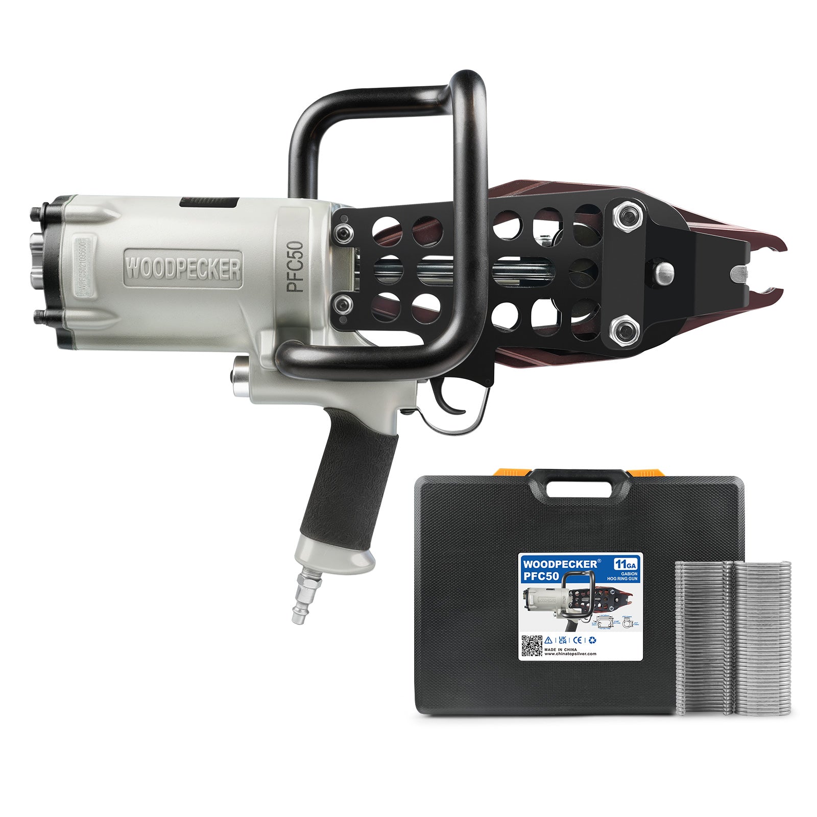 WOODPECKER PFC50 Heavy Duty Pneumatic Gabion Hog Ring Gun, 11 Gauge, 1-1/2-Inch Crown, 12.0-13.0mm Closing Diameter