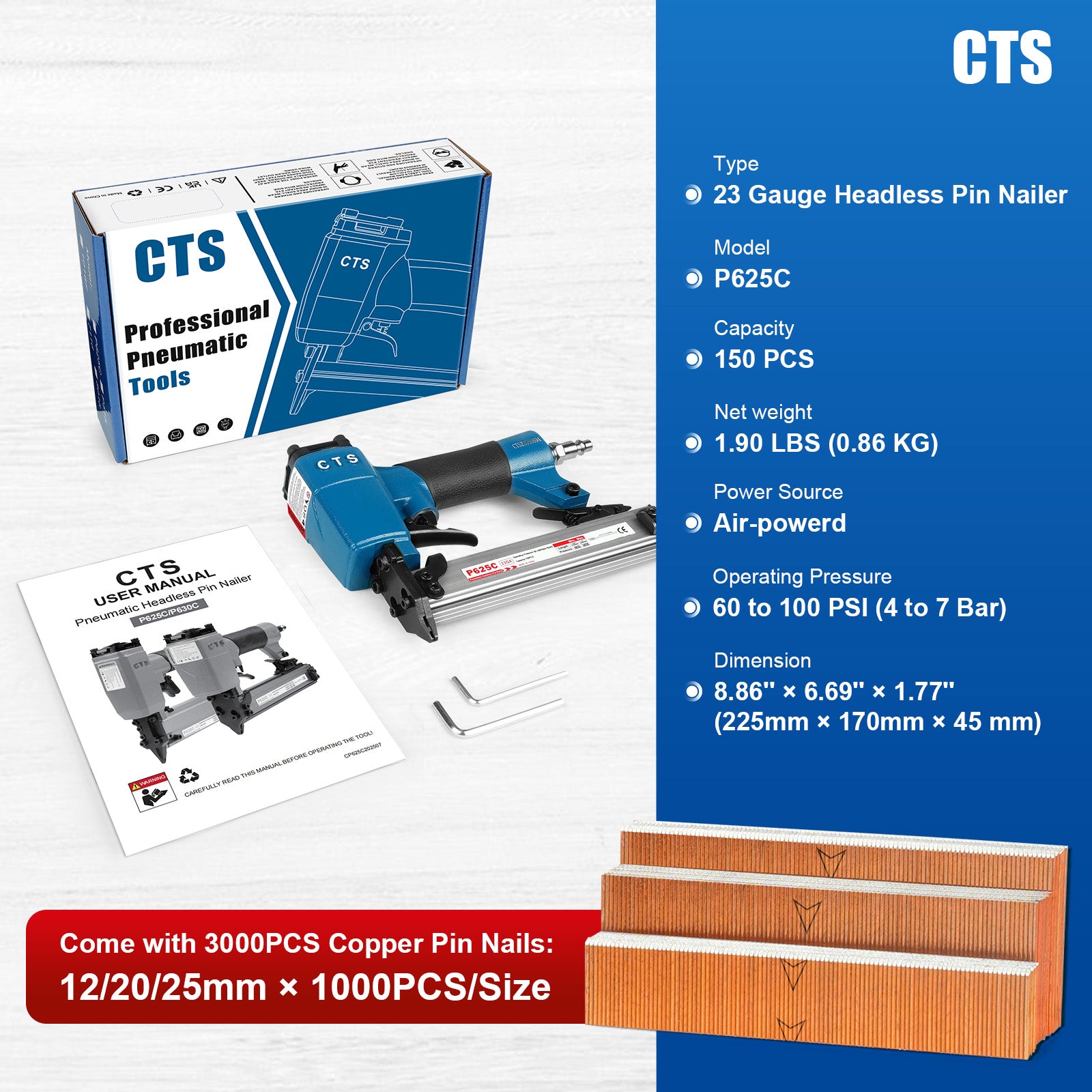 CTS P625C Pneumatic Headless Pin Nailer, 23 Gauge, 1/2-Inch to 1-Inch (12 to 25mm)