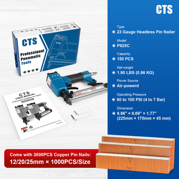 CTS P625C Pneumatic Headless Pin Nailer, 23 Gauge, 1/2-Inch to 1-Inch (12 to 25mm)