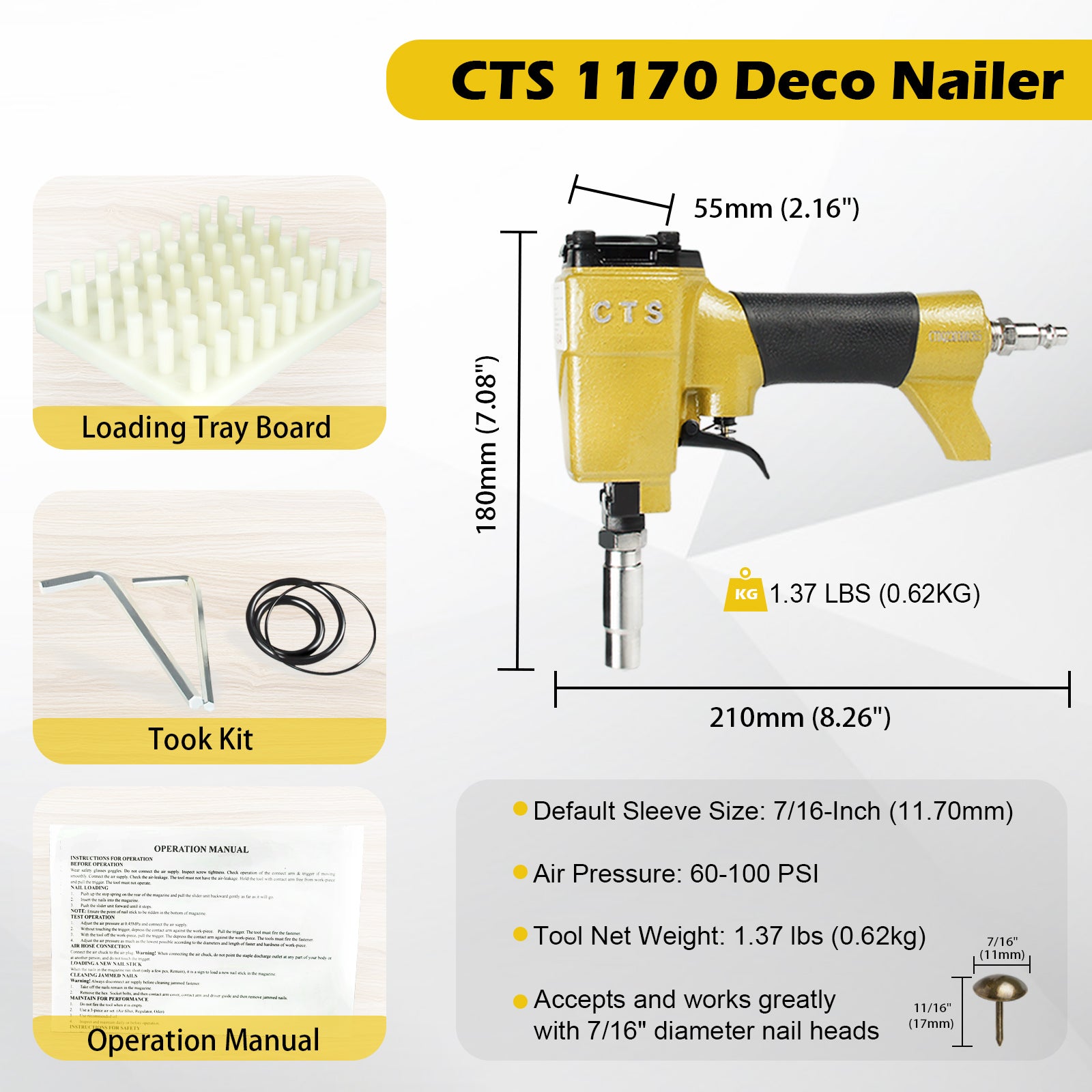 CTS 1170 Pneumatic Upholstery Tacks Gun, Decorative Nailer for Furniture Deco Tacks