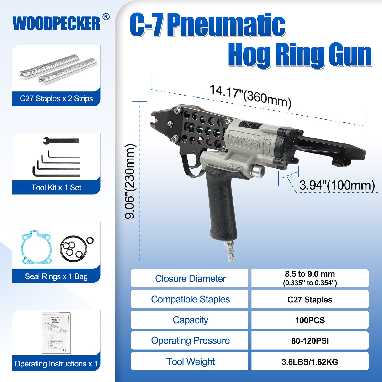 WOODPECKER C-7 Pneumatic Hog Ring Plier 27mm Crown, 8.5mm to 9.0mm Closure Diameter Hog Ring Gun for Mattress Manufacturing, Strapping, Fencing, Cages