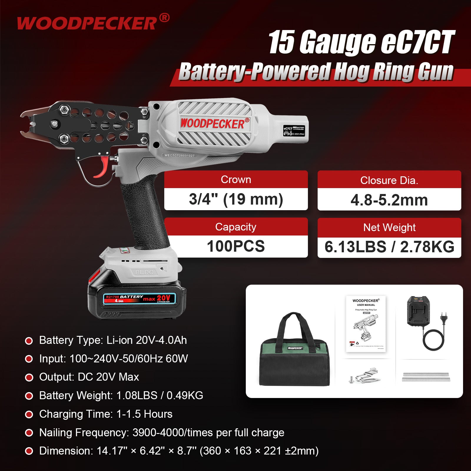 WOODPECKER eC7CT 15GA Cordless 20V 4.0Ah Electric Hog Ring Gun, 3/4-Inch Crown, 4.8-5.2mm Closure Diameter, Battery Powered C Ring Plier Tool for Fencing, Wire Cages