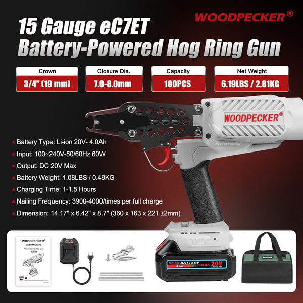 WOODPECKER eC7ET 15GA Cordless 20V 4.0Ah Electric Hog Ring Gun, 3/4-Inch Crown, 7.0-8.0mm Closure Diameter, Battery Powered C Ring Plier Tool for Fencing, Wire Cages