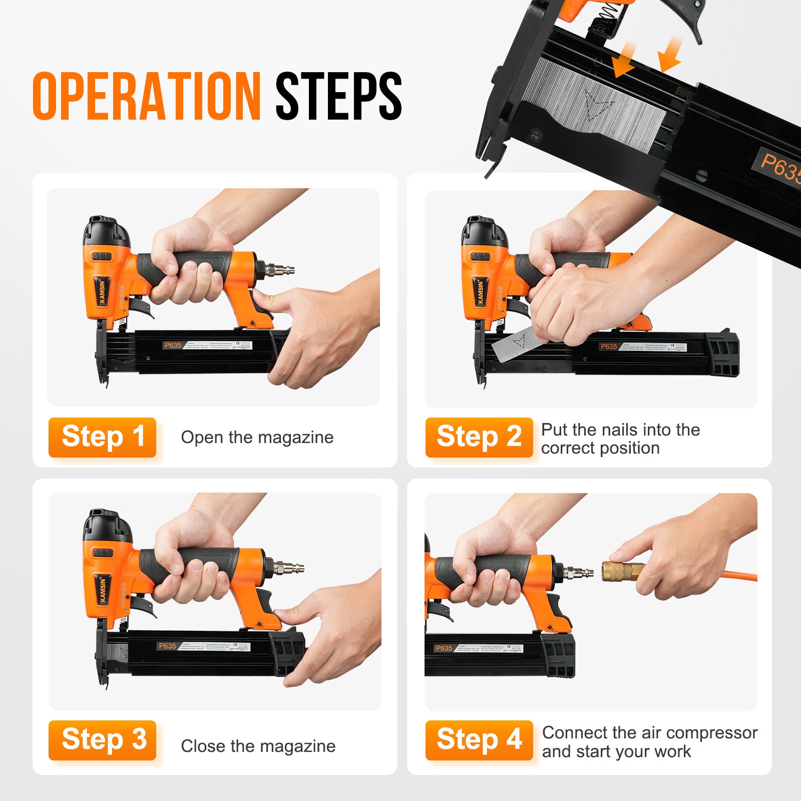 KAMSIN P635 Pneumatic Headless Pin Nailer, 23 Gauge, 1/2-Inch to 1-3/8-Inch (12 to 35mm)