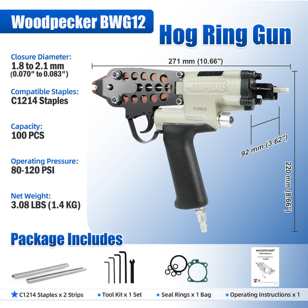 WOODPECKER BWG12 Pneumatic Hog Ring Plier 1.8 mm to 2.1 mm Closure Diameter Hog Ring Gun for Strapping, Fencing, Cages
