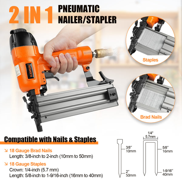 KAMSIN F50/9040 2 in 1  Pneumatic Brad Nailer, 18 Gauge, 3/8-Inch to 2-Inch  (10mm-50mm)
