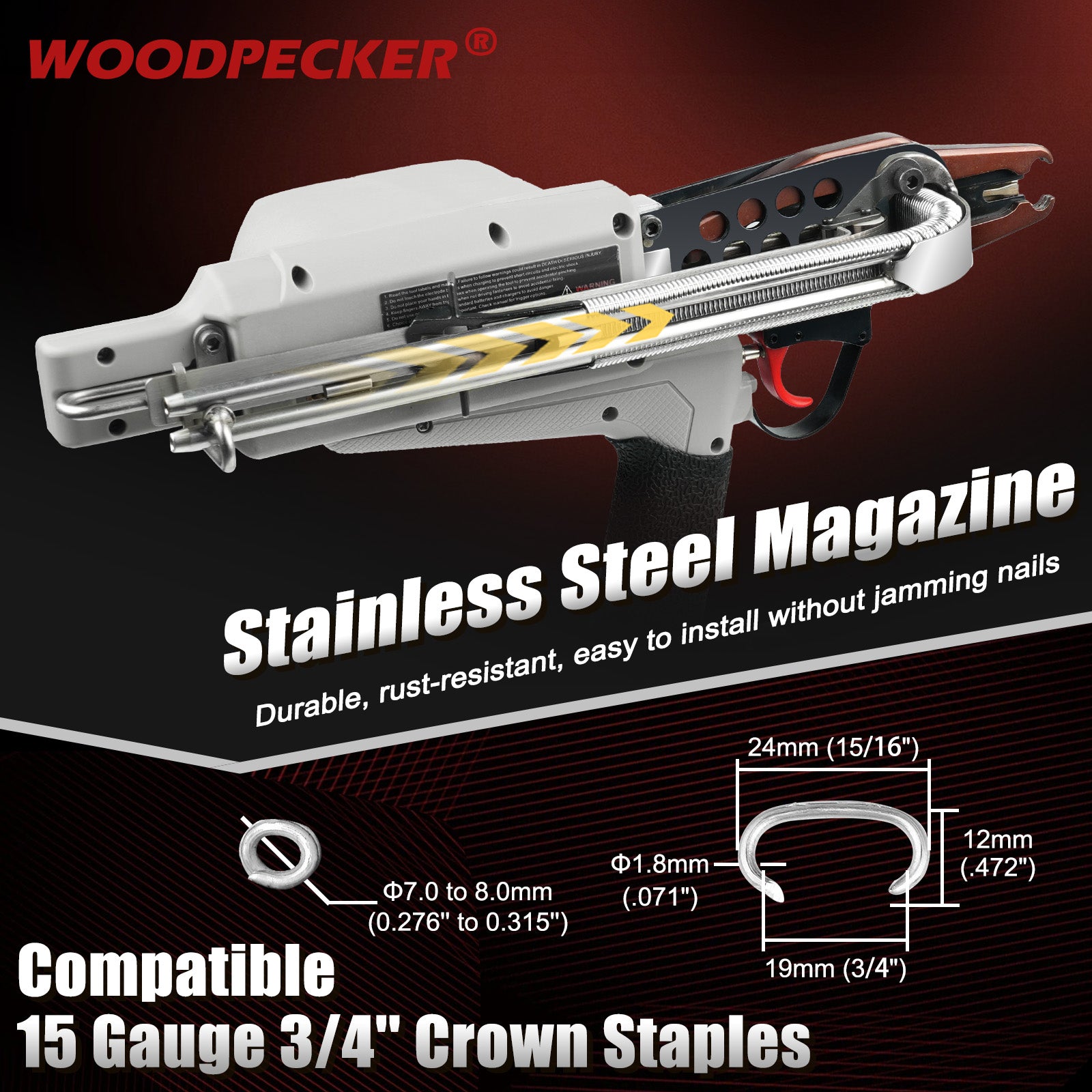 WOODPECKER eC7ET 15GA Cordless 20V 4.0Ah Electric Hog Ring Gun, 3/4-Inch Crown, 7.0-8.0mm Closure Diameter, Battery Powered C Ring Plier Tool for Fencing, Wire Cages