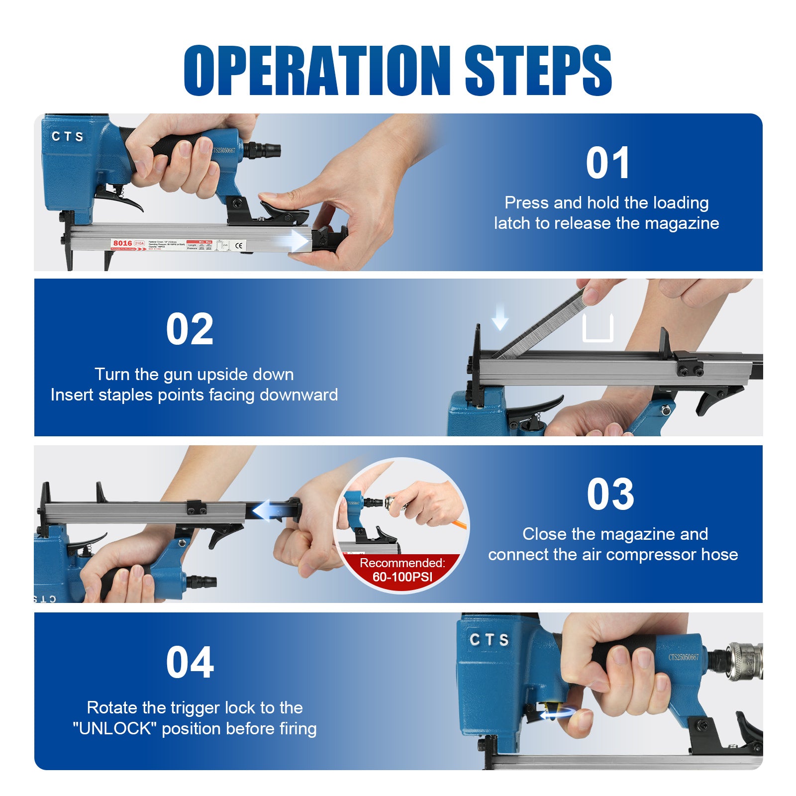 CTS 8016 Pneumatic Upholstery Stapler, 21 Guage Type 80, 1/2-Inch Crown