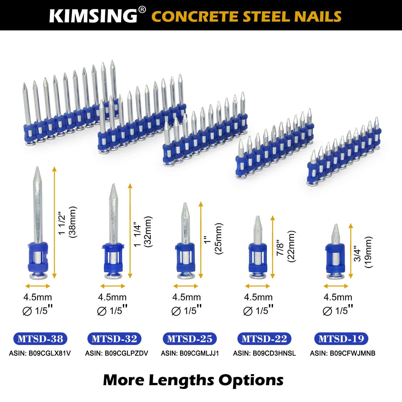 KIMSING MTSD-38 12 Gauge 1 1/2 Inch X .109 Inch Smooth Shank Plastic Collated Concrete and Steel Drive Pin Mechanical Galvanized for Gas Power Concrete and Steel Nailer 800 PCS/Box