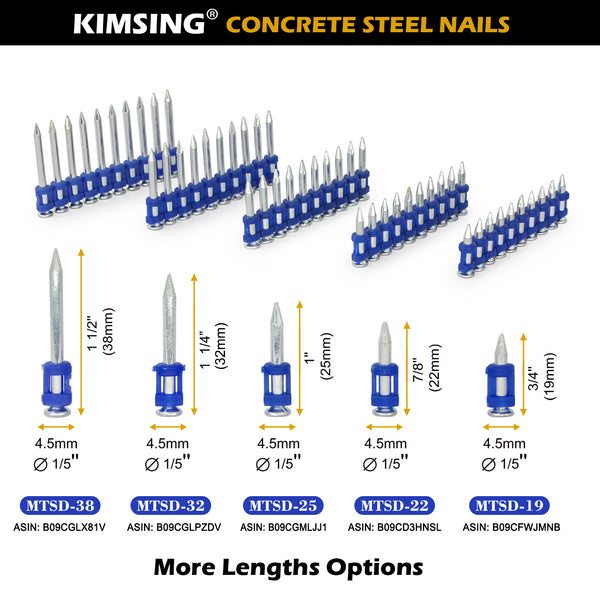KIMSING MTSD-38 12 Gauge 1 1/2 Inch X .109 Inch Smooth Shank Plastic Collated Concrete and Steel Drive Pin Mechanical Galvanized for Gas Power Concrete and Steel Nailer 800 PCS/Box
