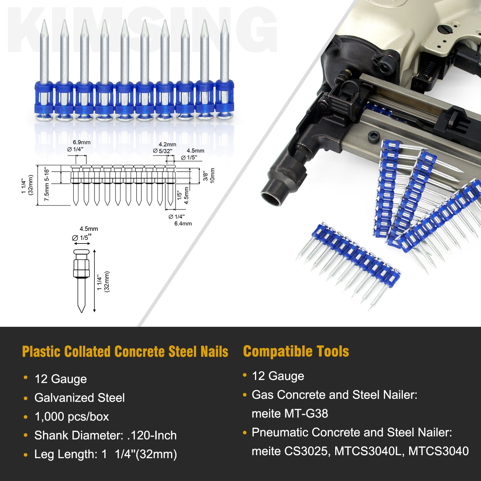 KIMSING MTSD-32 12 Gauge 1 1/4 Inch X .109 Inch Smooth Shank Plastic Collated Concrete and Steel Drive Pin Mechanical Galvanized for Gas Power Concrete and Steel Nailer 1000 PCS/Box