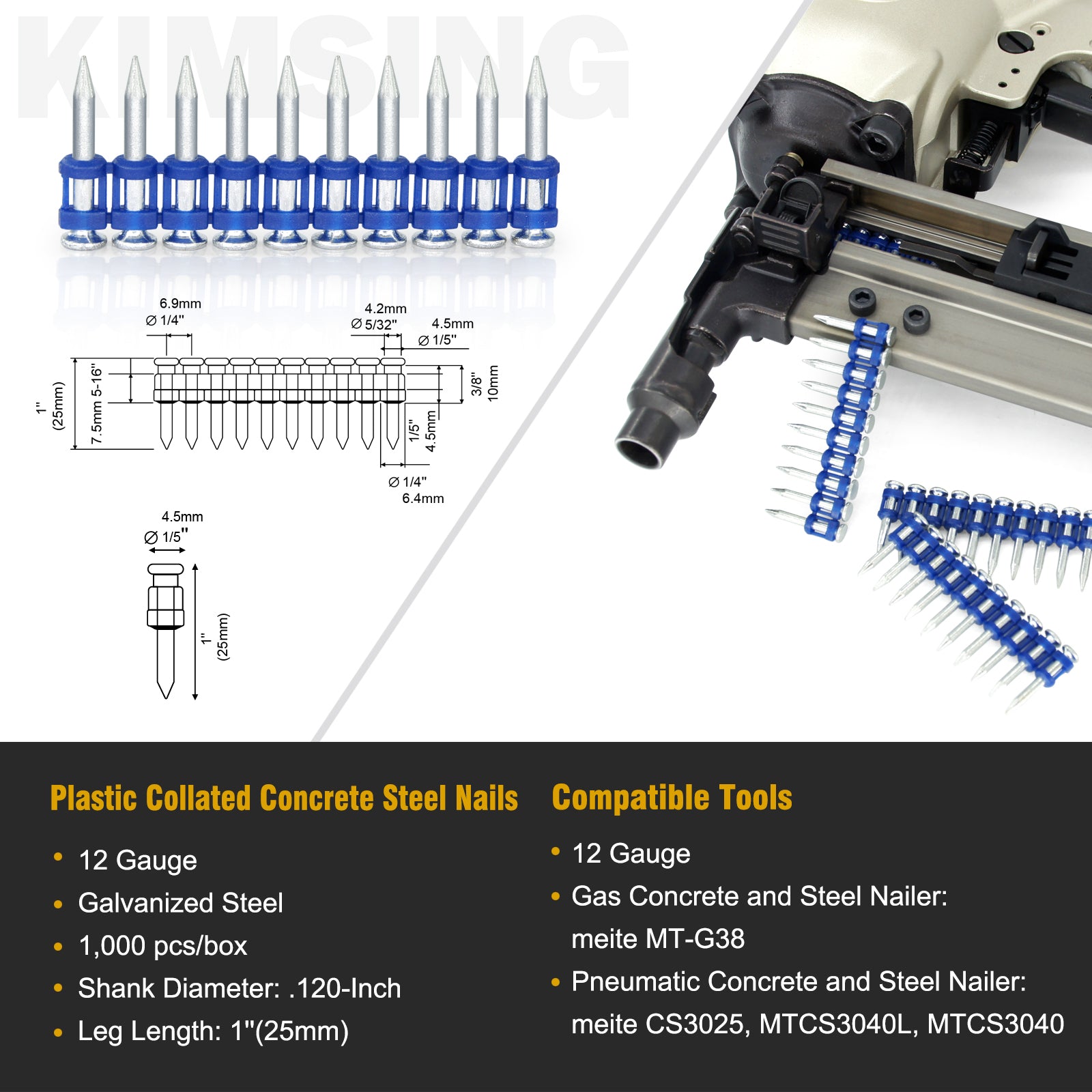 KIMSING MTSD-25 12 Gauge 1-Inch(25mm) Plastic Collated Concrete Nails Drive Pins