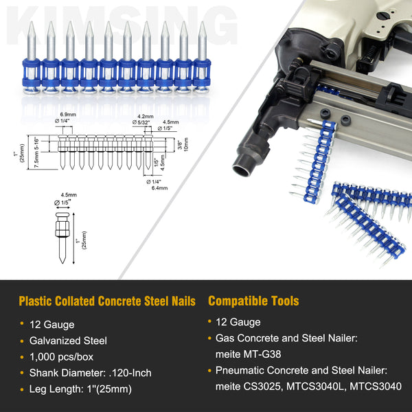 KIMSING MTSD-25 12 Gauge 1-Inch(25mm) Plastic Collated Concrete Nails Drive Pins