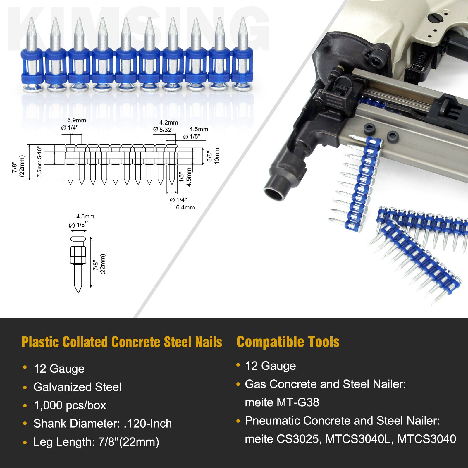 KIMSING MTSD-22 12 Gauge 7/8 Inch X .109 Inch Smooth Shank Plastic Collated Concrete and Steel Drive Pin Mechanical Galvanized for Gas Power Concrete and Steel Nailer 1000 PCS/Box