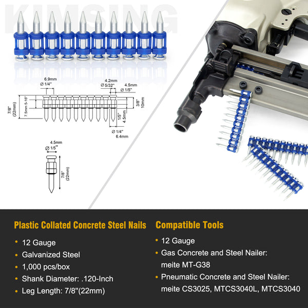 KIMSING MTSD-22 12 Gauge 7/8 Inch X .109 Inch Smooth Shank Plastic Collated Concrete and Steel Drive Pin Mechanical Galvanized for Gas Power Concrete and Steel Nailer 1000 PCS/Box