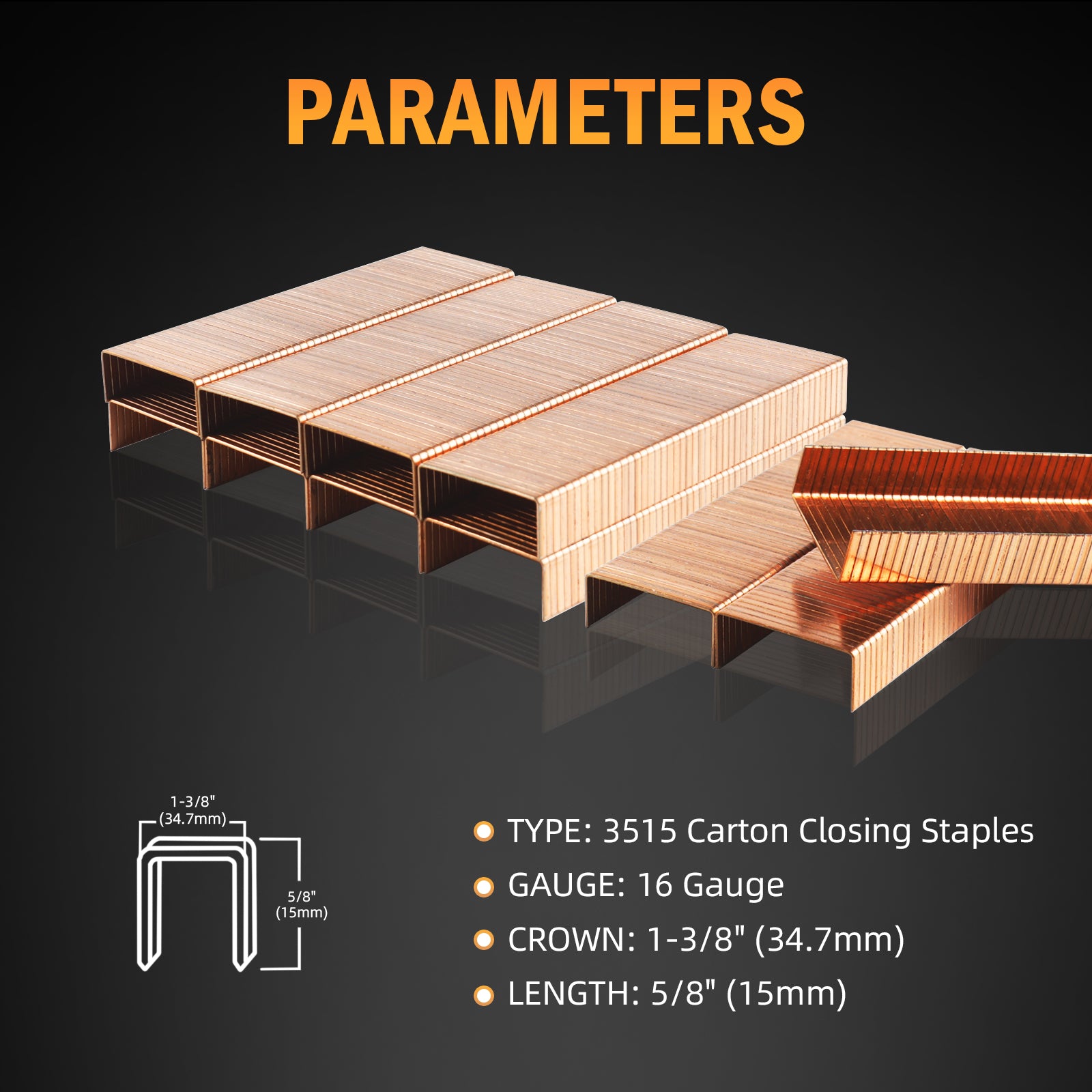 KIMSING 16 Gauge Copper Carton Closing Staples for Pneumatic or Manual Carton Stapler, 2000PCS/BOX, 5/8’’ (15mm) Length