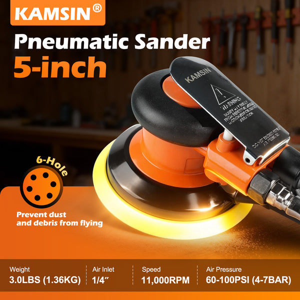 Professional 5" Pneumatic Random Orbital Sander 11,000 RPM Adjustable Speed DA Sander for Auto Body, Woodworking & Metal Finishing