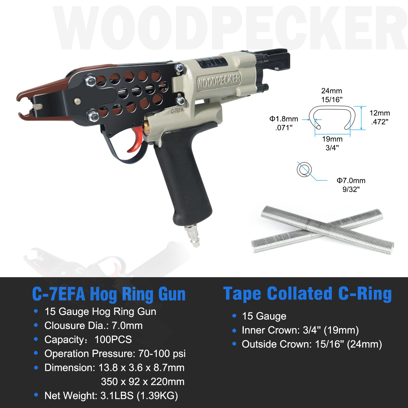 WOODPECKER C-7EF Intensified Power Pneumatic Hog Ring Gun, 15 Gauge , 3/4-Inch Crown, 7.0mm Closing Diameter
