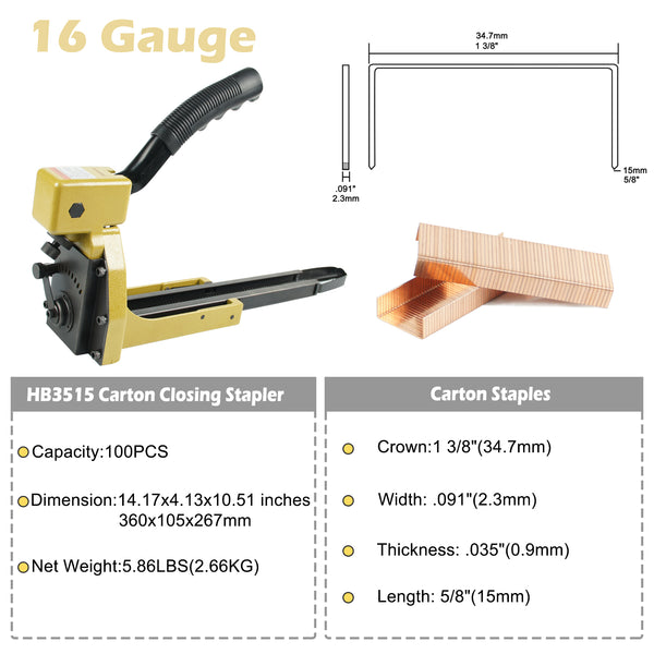 HB3515 Manual Carton Closing Stapler - 16 Gauge Staple Gun for Closing Corrugated Boxes, Folding Cartons - 34.7mm (1-3/8") Crown, 15mm (5/8") Length Staples