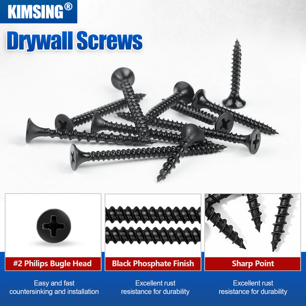 KIMSING Drywall Screws 2lb/Box, #6 Fine Thread Philips Drive #2 Bugle Head Wood Screws with Black Phosphate Finish M3.5 Sharp Point Screws