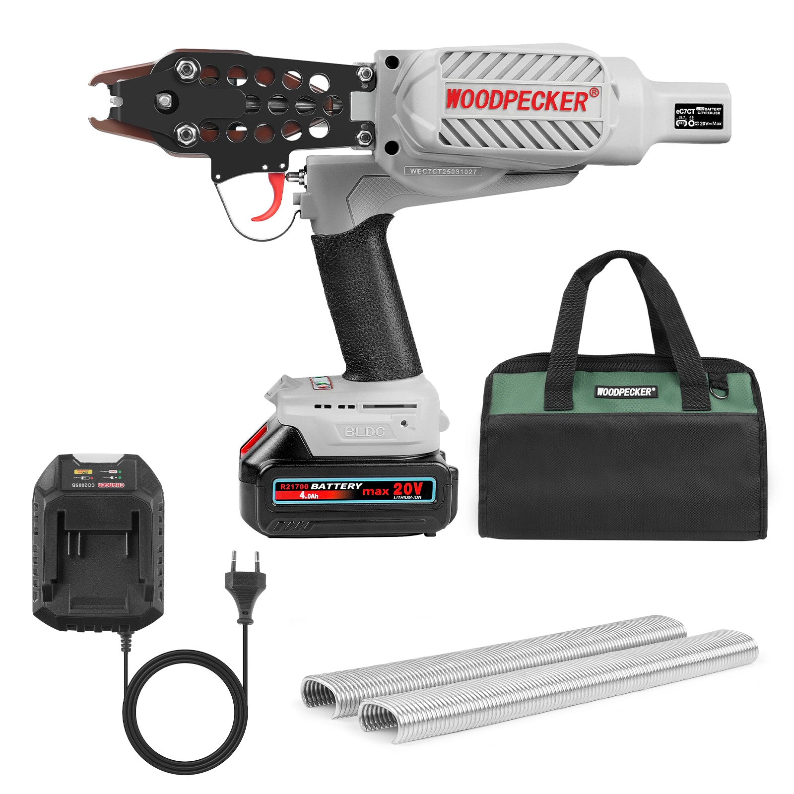 WOODPECKER eC7CT 15GA Cordless 20V 4.0Ah Electric Hog Ring Gun, 3/4-Inch Crown, 4.8-5.2mm Closure Diameter, Battery Powered C Ring Plier Tool for Fencing, Wire Cages