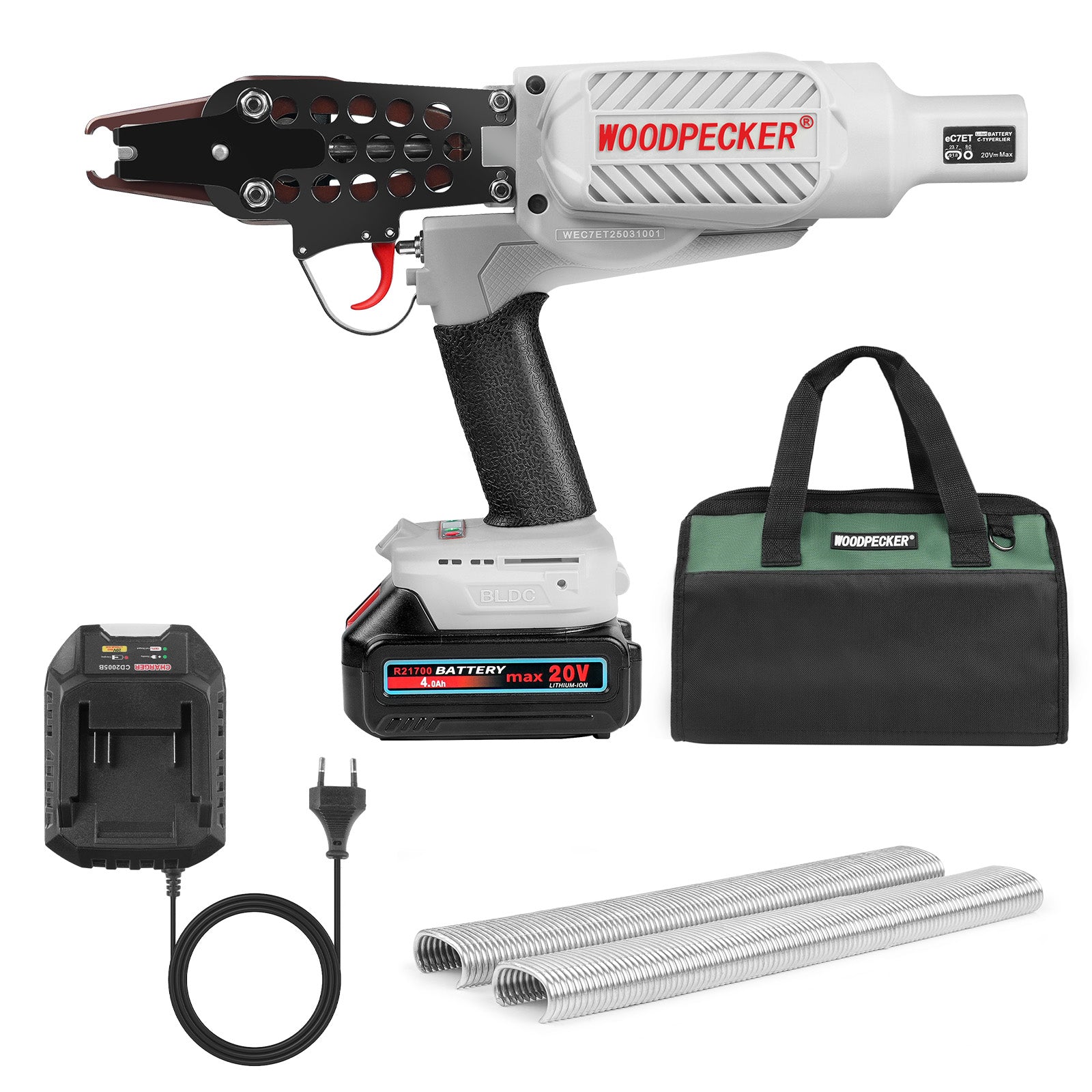 WOODPECKER eC7ET 15GA Cordless 20V 4.0Ah Electric Hog Ring Gun, 3/4-Inch Crown, 7.0-8.0mm Closure Diameter, Battery Powered C Ring Plier Tool for Fencing, Wire Cages