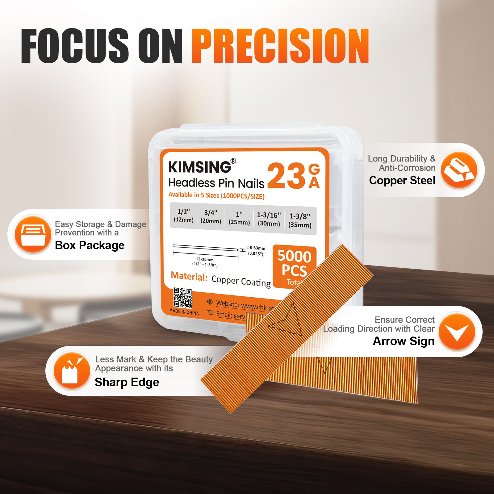 KIMSING 23 Gauge 5 Sizes Assorted Copper & Stainless Steel Headless Pin Nails (1/2