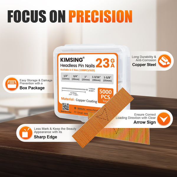 KIMSING 23 Gauge 5 Sizes Assorted Copper & Stainless Steel Headless Pin Nails (1/2", 3/4", 1", 1-3/16", 1-3/8"), Multi-Pack Pinner Pins for Pin Nailer Gun, 4500 Pieces