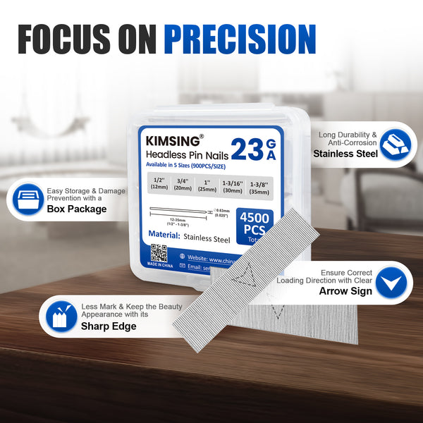 KIMSING 23 Gauge Headless Pin Nails 1/2-Inch to 1-3/8-Inch (12-35mm) Length