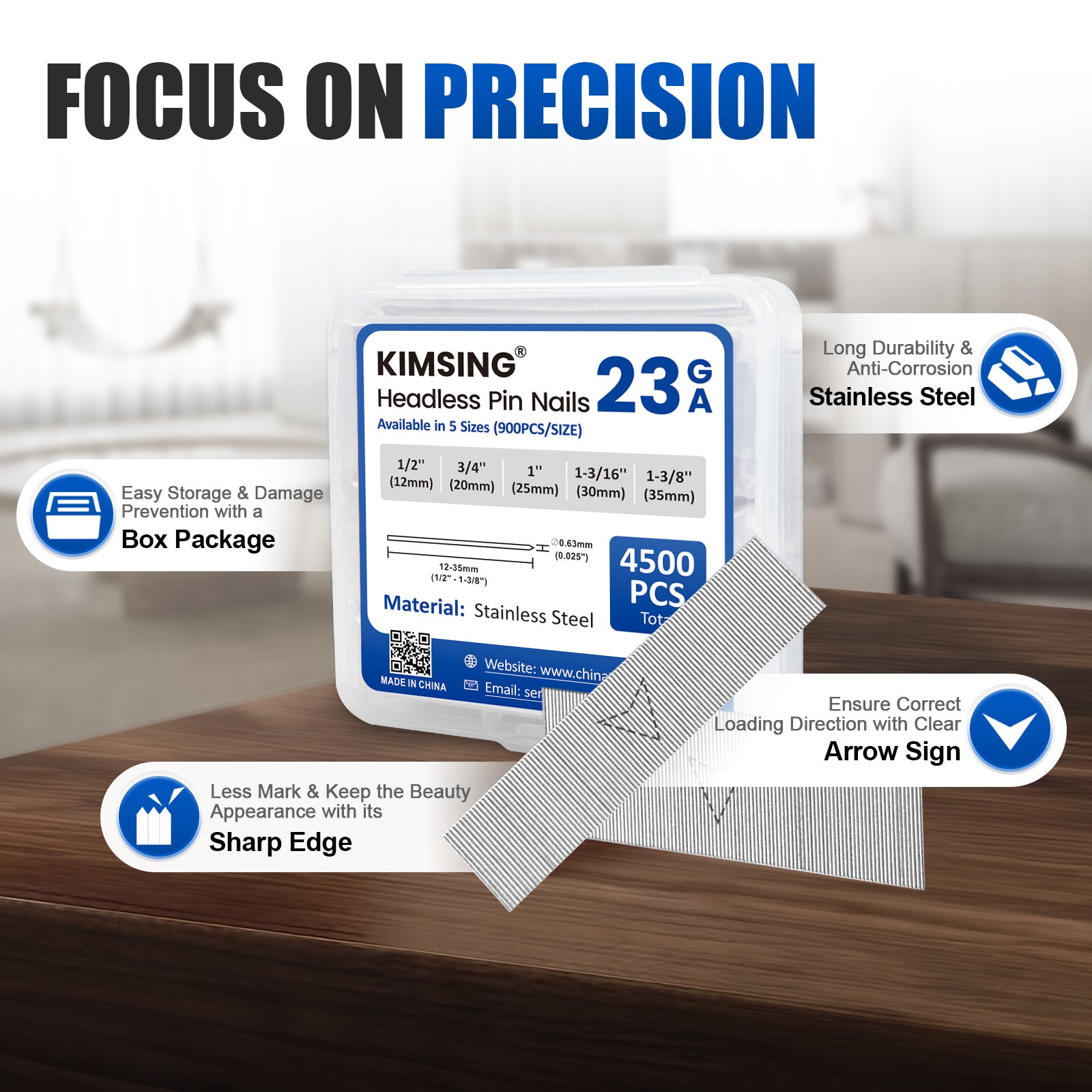 KIMSING 23 Gauge 5 Sizes Assorted Copper & Stainless Steel Headless Pin Nails (1/2