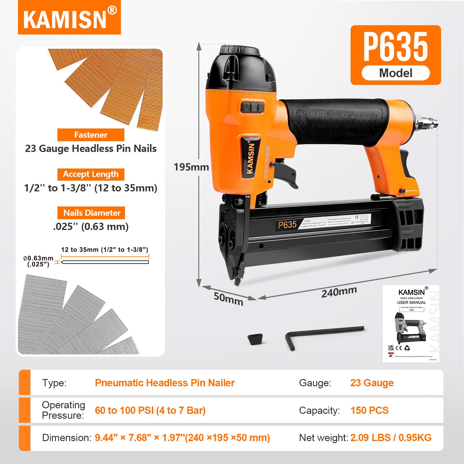 KAMSIN P635 Pneumatic Headless Pin Nailer, 23 Gauge, 1/2-Inch to 1-3/8-Inch (12 to 35mm)