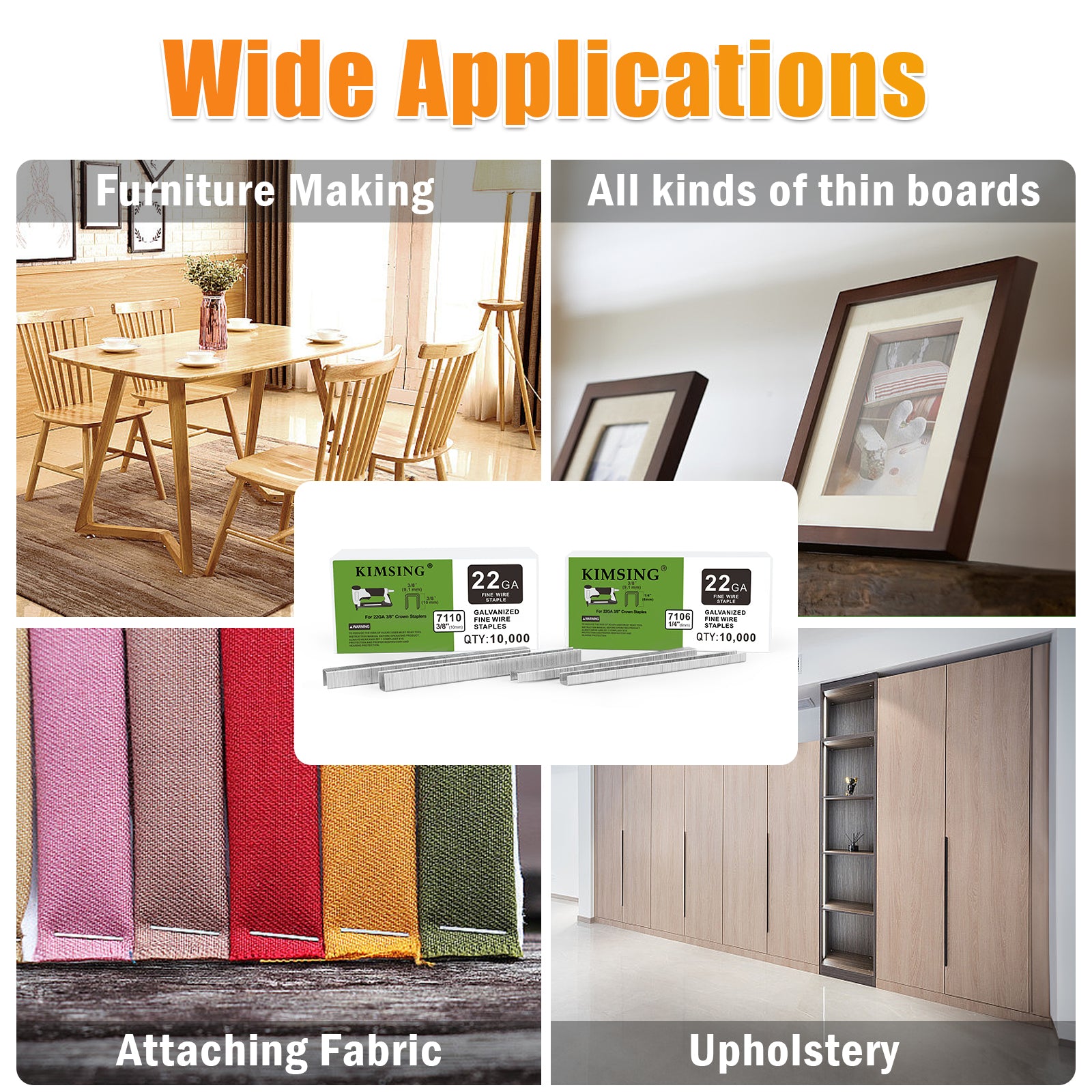 KIMSING 22 Gauge 71 Series 3/8'' Crown 1/4'' to 3/8'' (6-10mm) Leg Length Galvanized Upholstery Staples(10,000 PCS/Box)