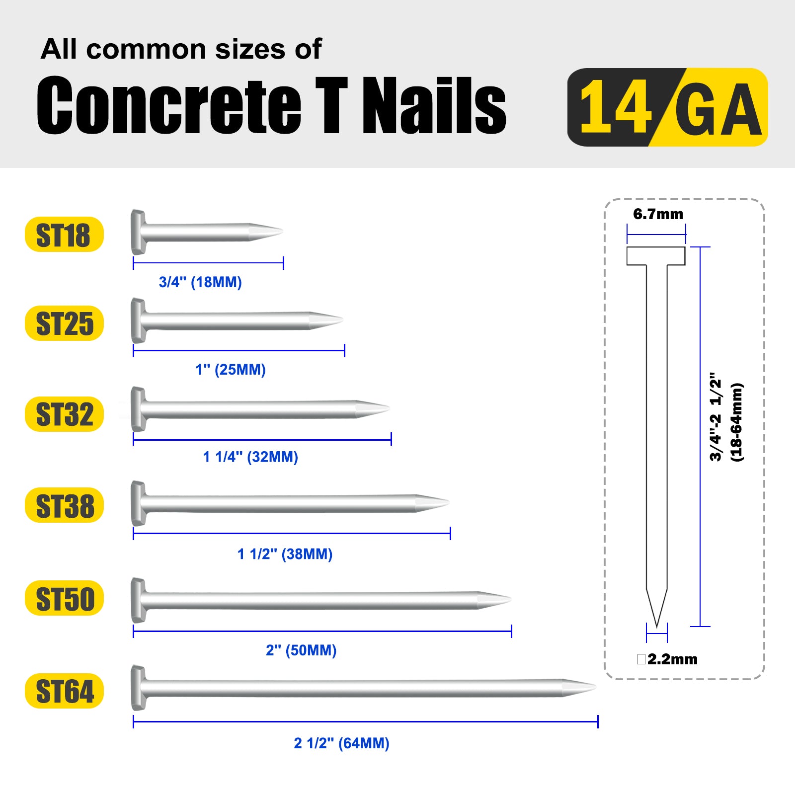 KIMSING 14 Gauge Concrete T Nails, 800PCS/BOX, 3/4 inch - 2-1/2 inch (18mm-64mm)