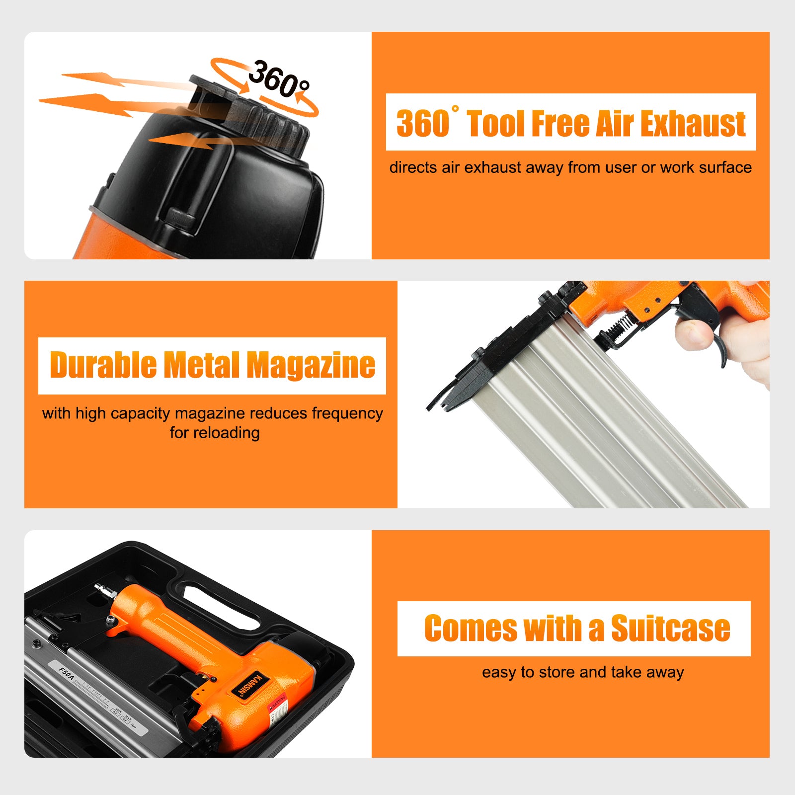 KAMSIN F50A Pneumatic Brad Nailer, 18 Gauge, 3/8-Inch to 2-Inch  (10mm-50mm)