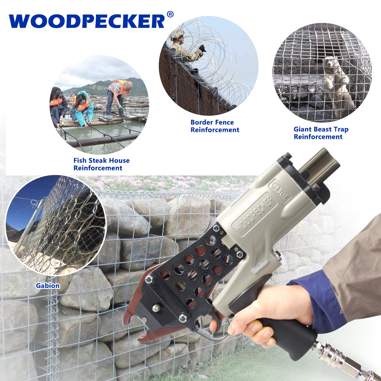 WOODPECKER C130L 11 Gauge Heavy-Duty Pneumatic Hog Ring Stapler, 13-14mm Closure Diameter, 1 1/2-Inch Crown, Lightweight and Powerful C Ring Gun for Border Fencing, Gabion, and Cages Building
