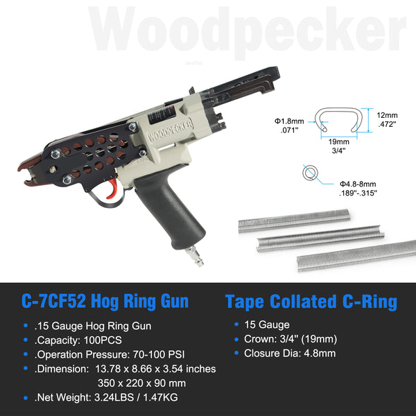WOODPECKER C-7CF52 15 Gauge Pneumatic Hog Ring Gun, Standard Nose, 4.8mm Closure Diameter, 3/4-Inch Crown Hog Ring Staples