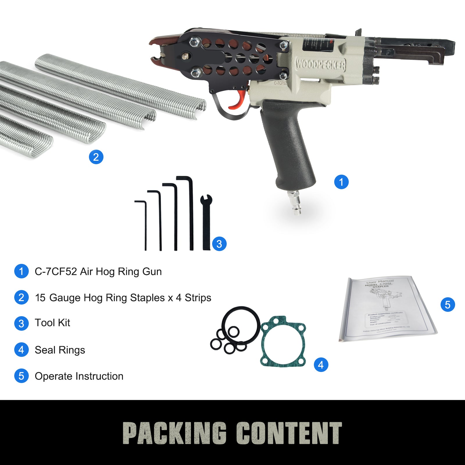 WOODPECKER C-7CF52 15 Gauge Pneumatic Hog Ring Gun, Standard Nose, 4.8mm Closure Diameter, 3/4-Inch Crown Hog Ring Staples