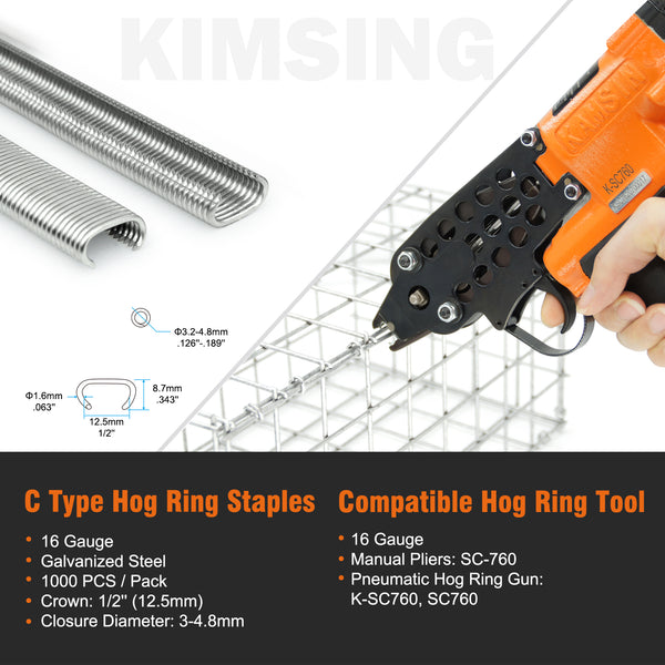 KIMSING 16 Gauge 1/2'' Crown C Ring Staples 1,000 PCS/Pack