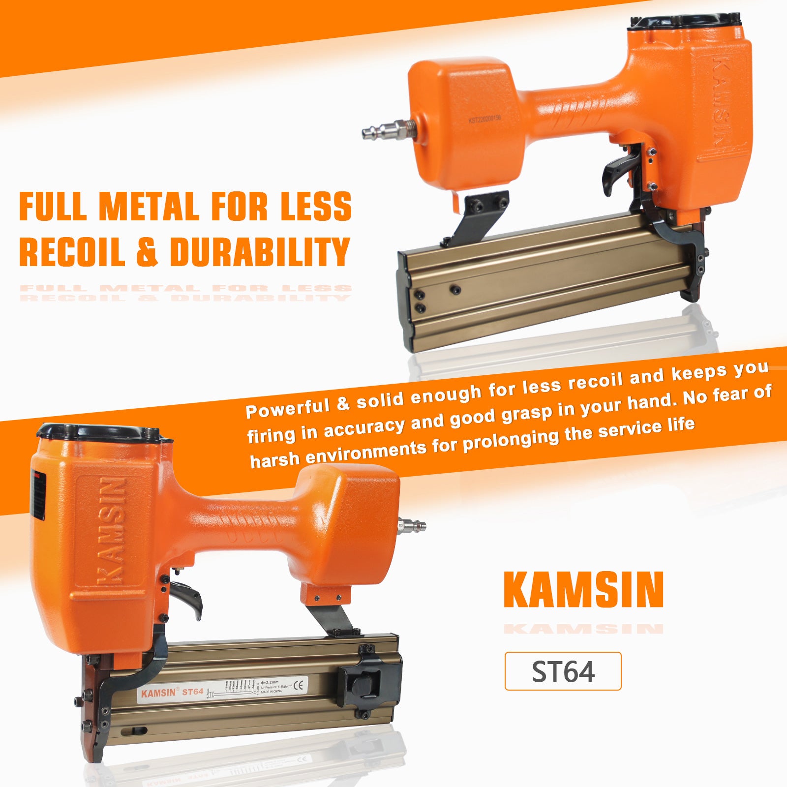 KAMSIN ST64 14 Gauge Heavy Duty Pneumatic Concrete T Nailer, 1 Inch to 2-1/2 Inch T Nails, Air Power T Nail Gun for Truss Building, Construction Framing and Concrete Nailing