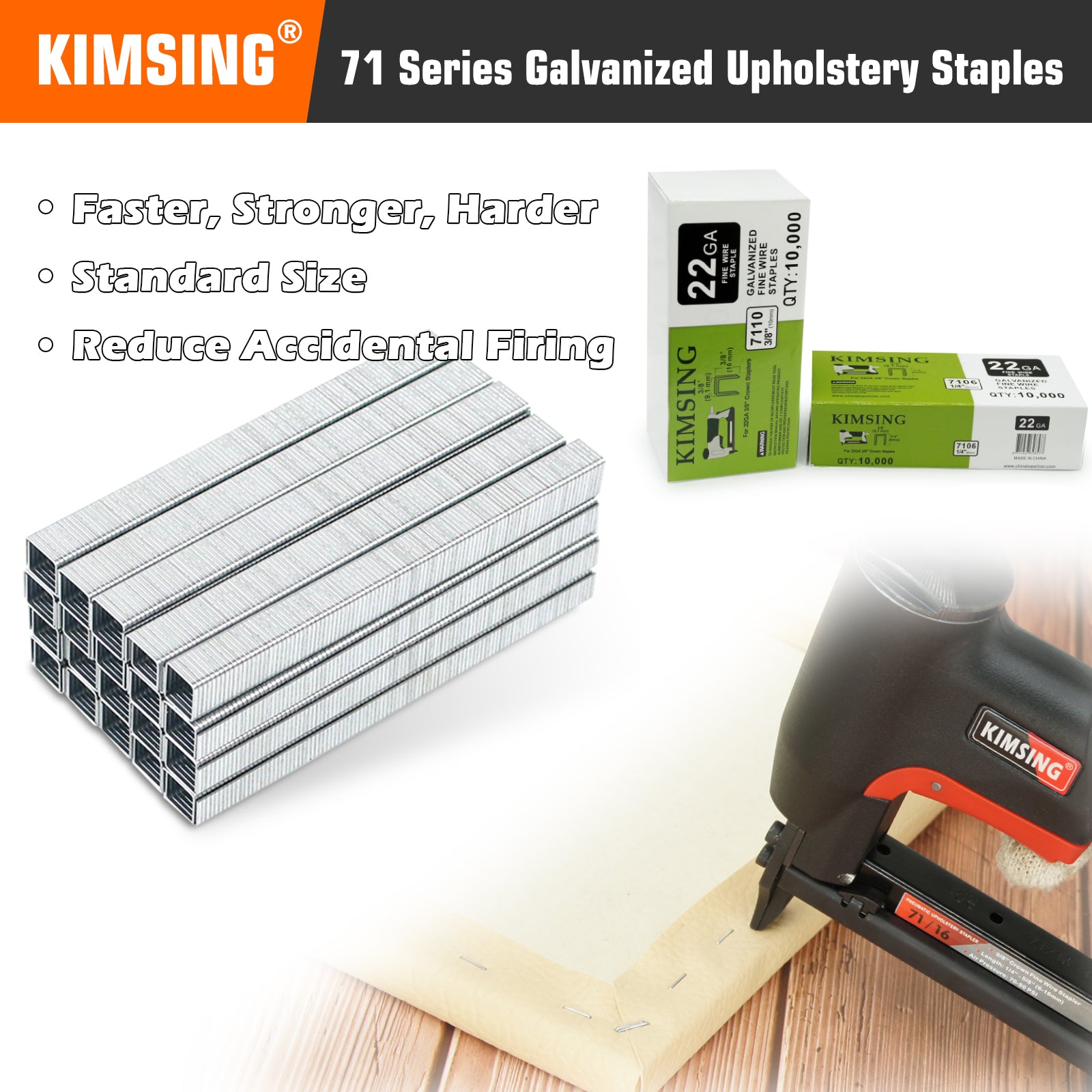 KIMSING 22 Gauge 71 Series 3/8'' Crown 1/4'' to 3/8'' (6-10mm) Leg Length Galvanized Upholstery Staples