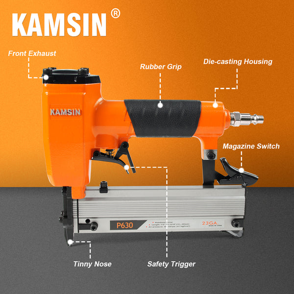 KAMSIN P630 23 Gauge Pneumatic Pin Nailer-3/8-inch to 1-3/16 -inch(10-30mm) Pin Nails, Headless Pinner with Trigger Safety for Cabinet, Windows, Doors, and Woodworking