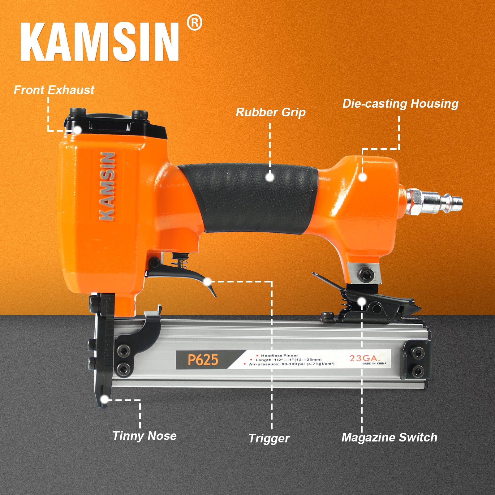 KAMSIN P625 23 Gauge Pneumatic Headless Pinner - 3/8-inch to 1-inch (10-25mm) Pin Nails, Air Power Pin Nail Gun, Finish Nailer for Cabinets, Interior Decoration and Wood Joining