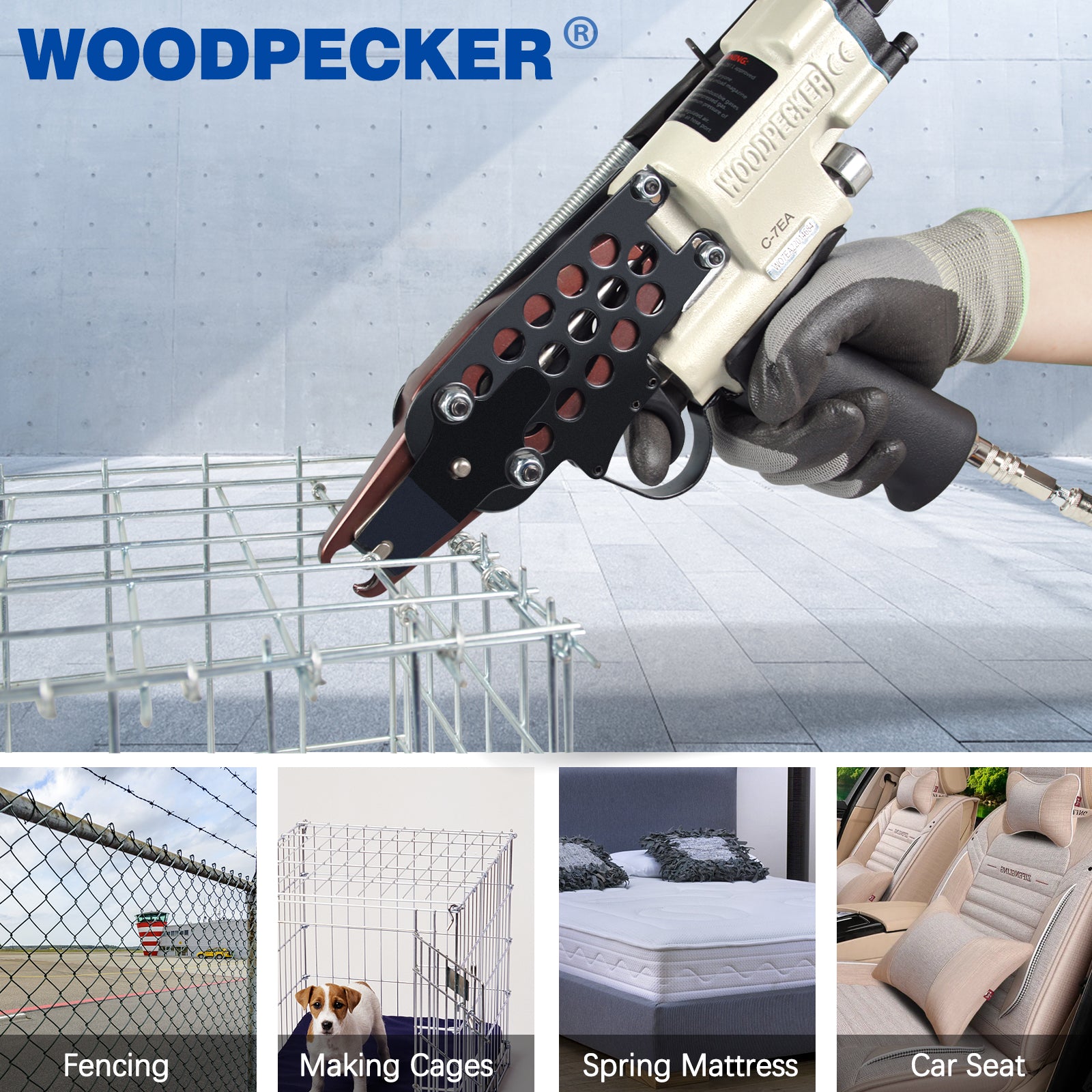 WOODPECKER C-7EA 15 Gauge Pneumatic Hog Ring Gun, 3/4-Inch (19mm) Crown, 7.0mm Closure Diameter