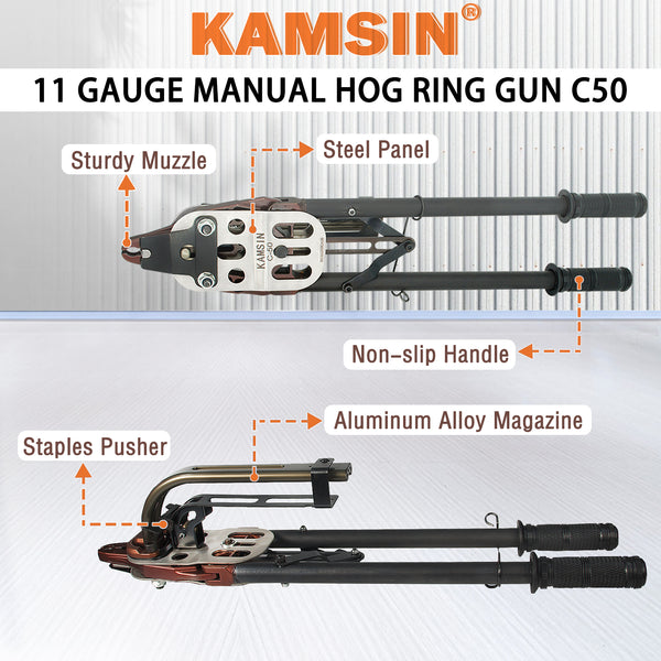 KAMSIN C50 11 Gauge 1 3/4" Crown Snap-Ring Plier, Closure Diameter 13.5-14mm,Manual Fence Plier Tool with Auto-feed System,C Ring Gun, Hog Ring Tool Hand Tools for Animal Pet Cages, Mattress, Fencing
