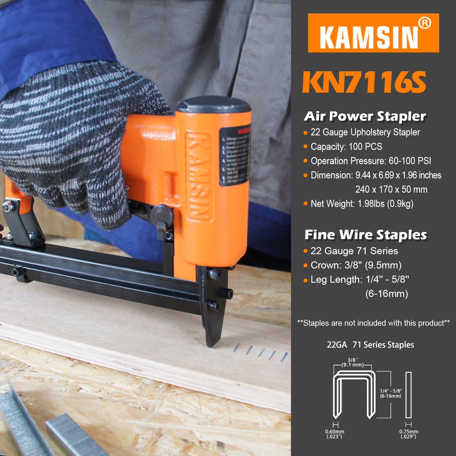 KN7116S 22 Gauge Pneumatic Upholstery Stapler, 71 Series 3/8