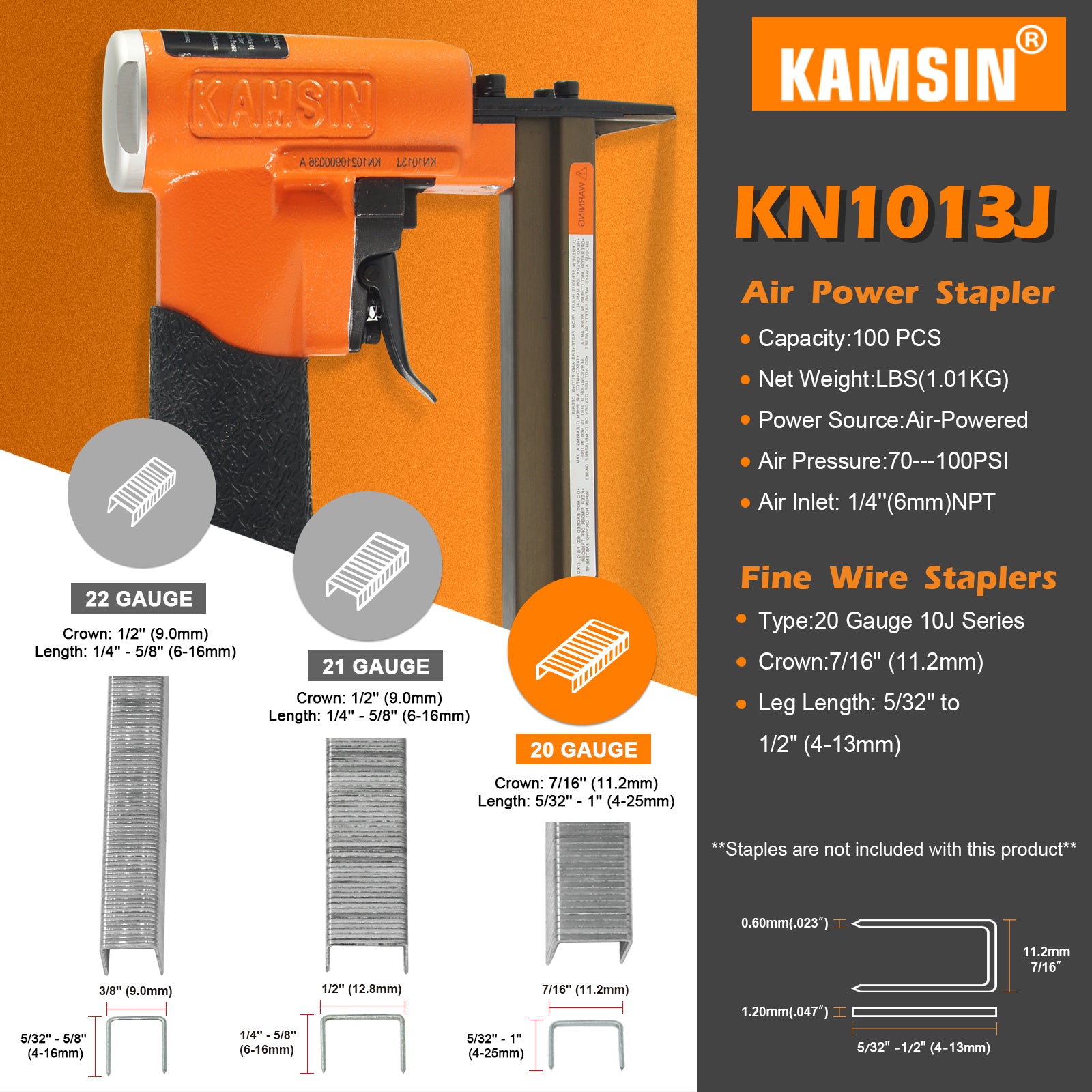 KAMSIN KN1013J Intermittent Firing Stapler 20 Gauge Pneumatic Upholstery Stapler, 10J Series 7/16