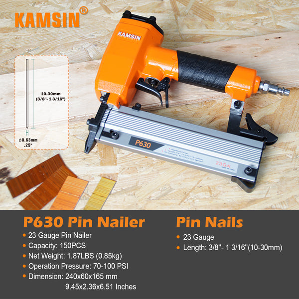 KAMSIN P630 23 Gauge Pneumatic Pin Nailer-3/8-inch to 1-3/16 -inch(10-30mm) Pin Nails, Headless Pinner with Trigger Safety for Cabinet, Windows, Doors, and Woodworking