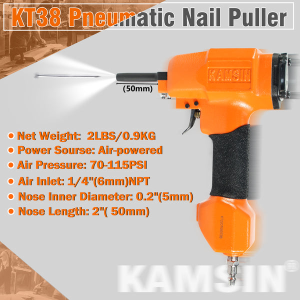 KAMSIN KT38 Pneumatic Nail Puller, Air Nails Remover Gun,Professional Punch Nails shank diameter of 3-5 mm (0.118"-0.197"),Pneumatic Nails puller for Denailing & Recycling