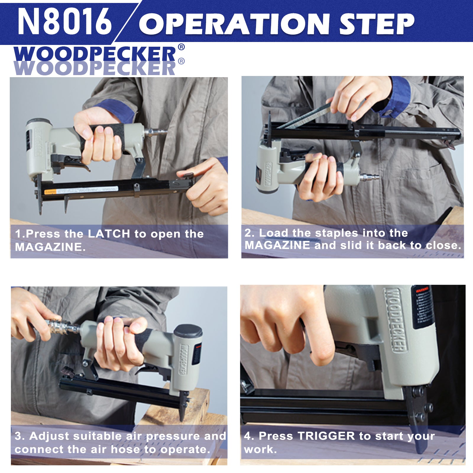 Woodpecker - N8016 Pneumatic Upholstery Stapler, 21 Gauge, Full Metal, 1/2